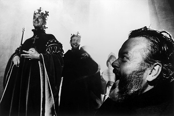 Orson Welles on the set of Chimes at Midnight, 1964